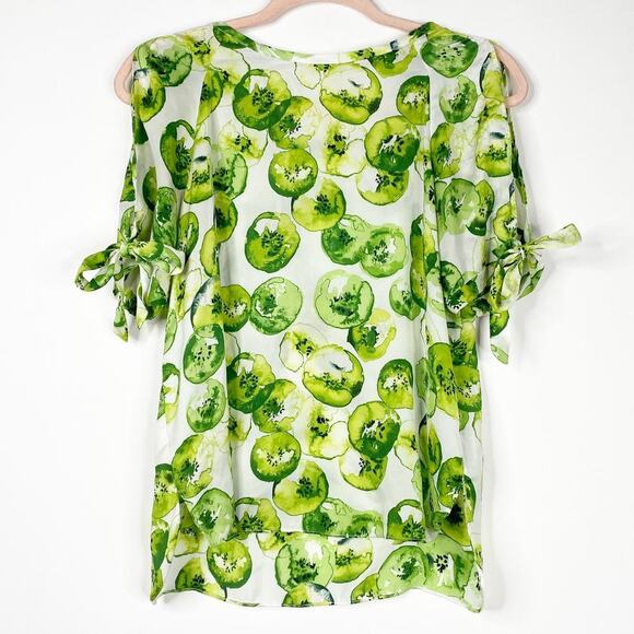 2/$30 ZARA Kiwi Print Blouse White Green Self Tie Cold Shoulder Sleeve S #6092 - Picture 4 of 16